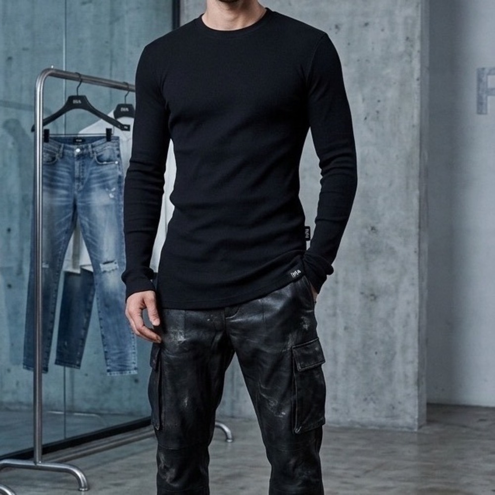 RtA Mens Ribbed Long Sleeve Shirt Black Crew Neck Slim Fit Size M
